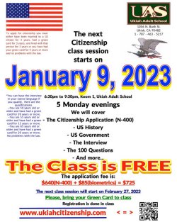 New, in person, Citizenship Class Session starts January 9, 2023 poster.