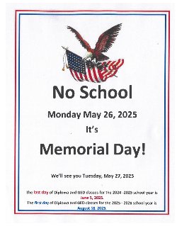No School May 26, Memorial day poster.