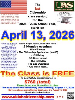 Last Citizenship class session for 2025 -2026 school year, starts on April13, 2026 poster.