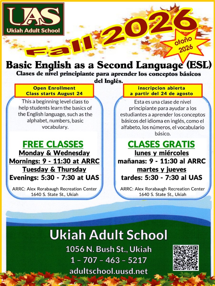 Fall 2026 ESL class schedule poster.