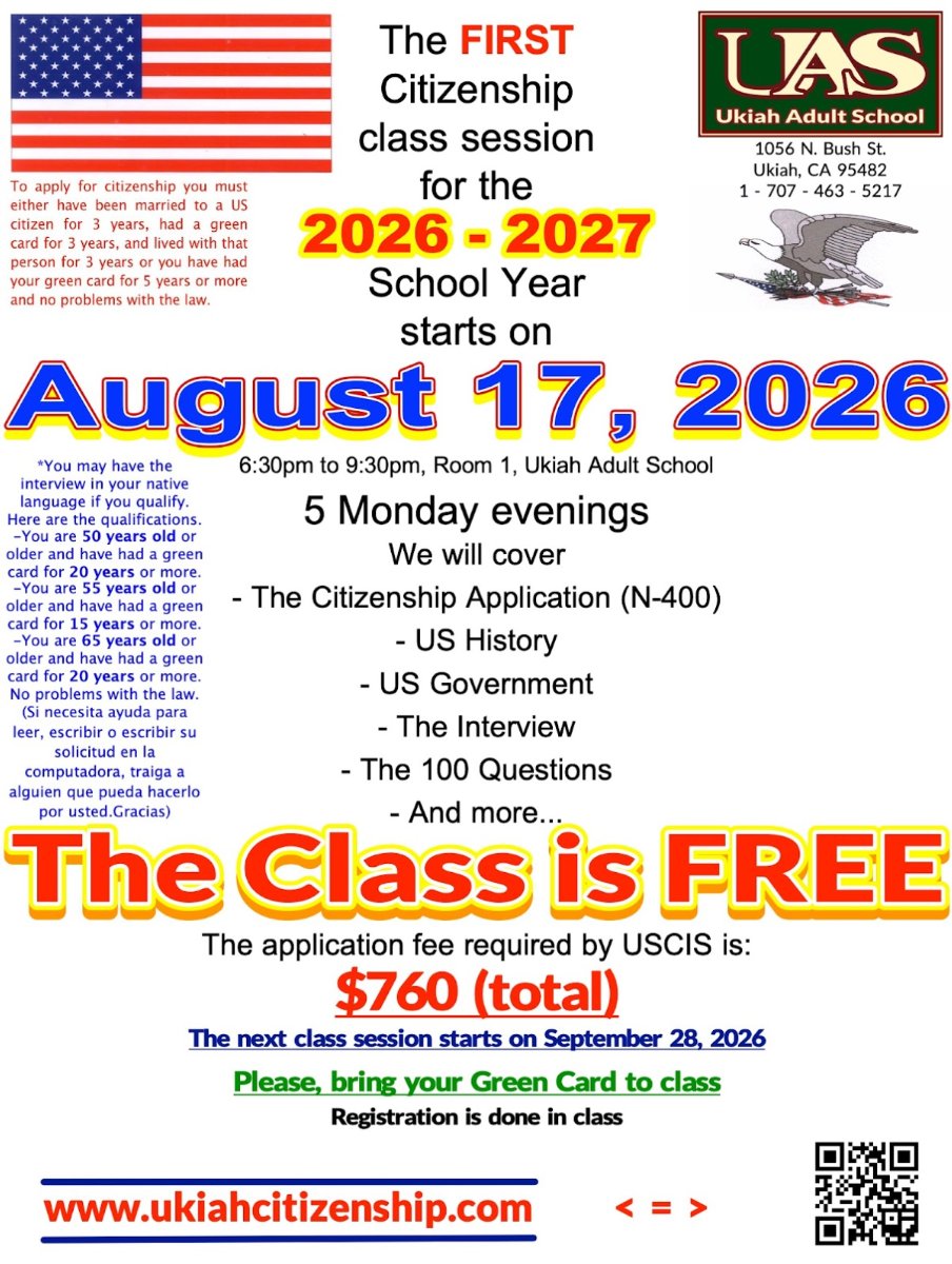 Free Citizenship class starts 08/17/2026 poster