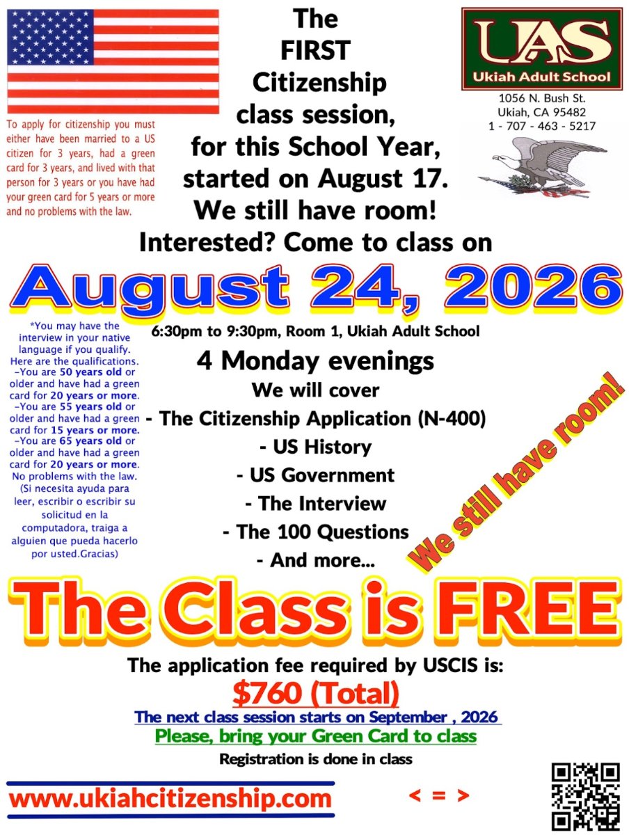 Citizenship class started on August 17. We still have room! Interested? Come to class on August 24 at 6:30pm poster